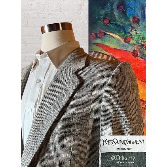YSL YVES SAINT LAURENT 44R Gray Ivory Glenn Plaid Blazer Sport Coat Jacket - Picture 2 of 16